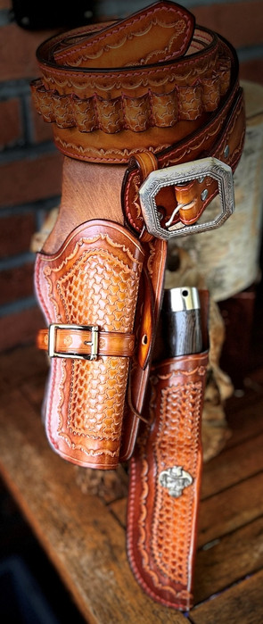 Handmade Leather Gun Holster, belt and knife sheath Saddle Tan for .45 Colt Pistol
