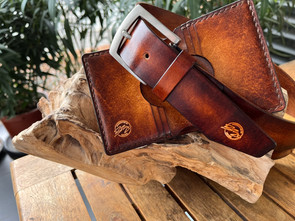 Photo of a handmade leather belt and wallet