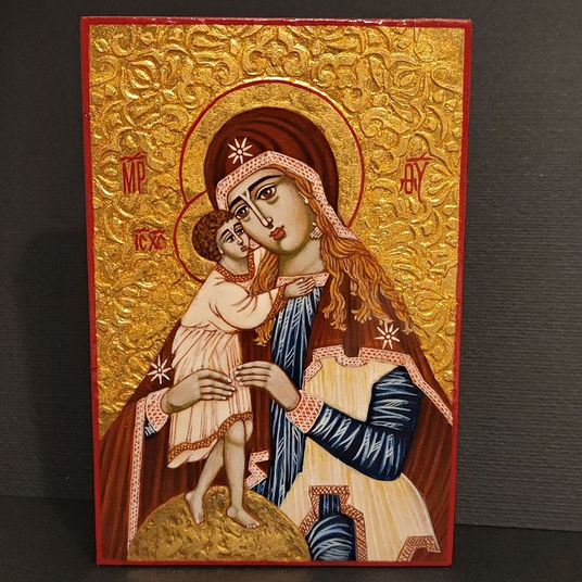 Matka Boża z Dzieciątkiem, ikona pisana ręcznie, technika tempery jajowej, suche pigmenty, na desce