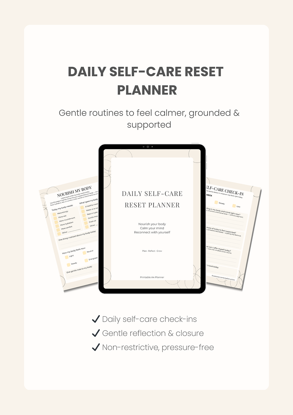 Self Care Reset planner printable PDF — gentle daily and weekly self-care tracker
