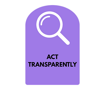 Purple box with a white graphic of a magnifying glass and large text saying "ACT TRANSPARENTLY"