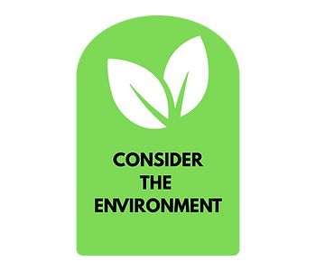 Green box with a white graphic of a leaf and large text saying "CONSIDER THE ENVIRONMENT"