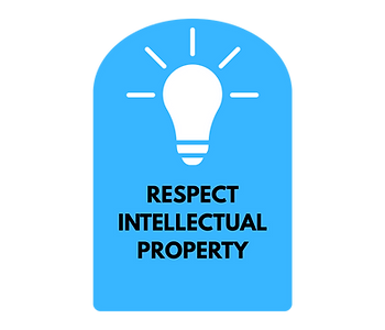 Blue box with a white graphic of a lightbulb and large text saying "RESPECT INTELLECTUAL PROPERTY"