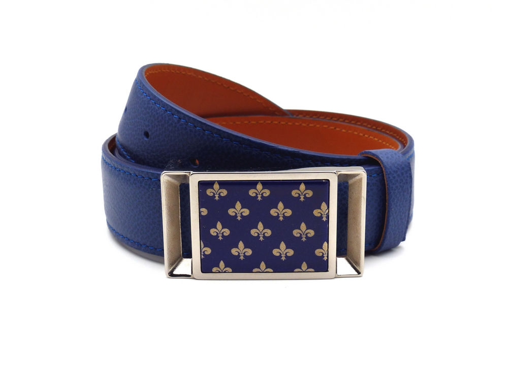 Royal Blue leather belt with Palladium Plated buckle and Fleur de Lys facing