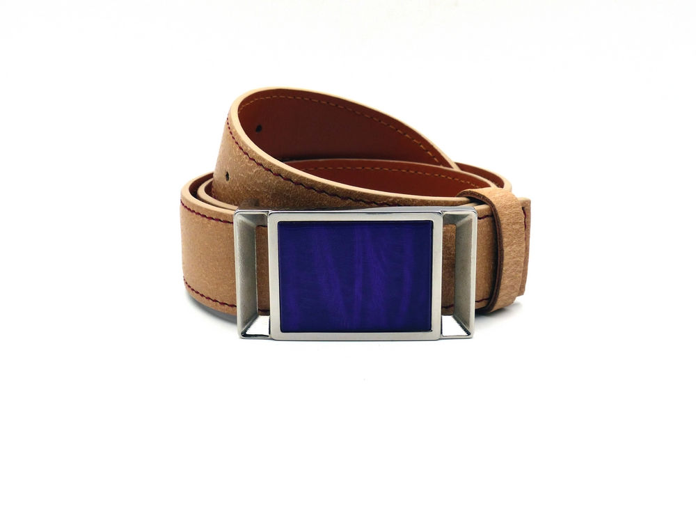 ceinture cuir Beige Délavé boucle Plaqué Palladium parement Violet