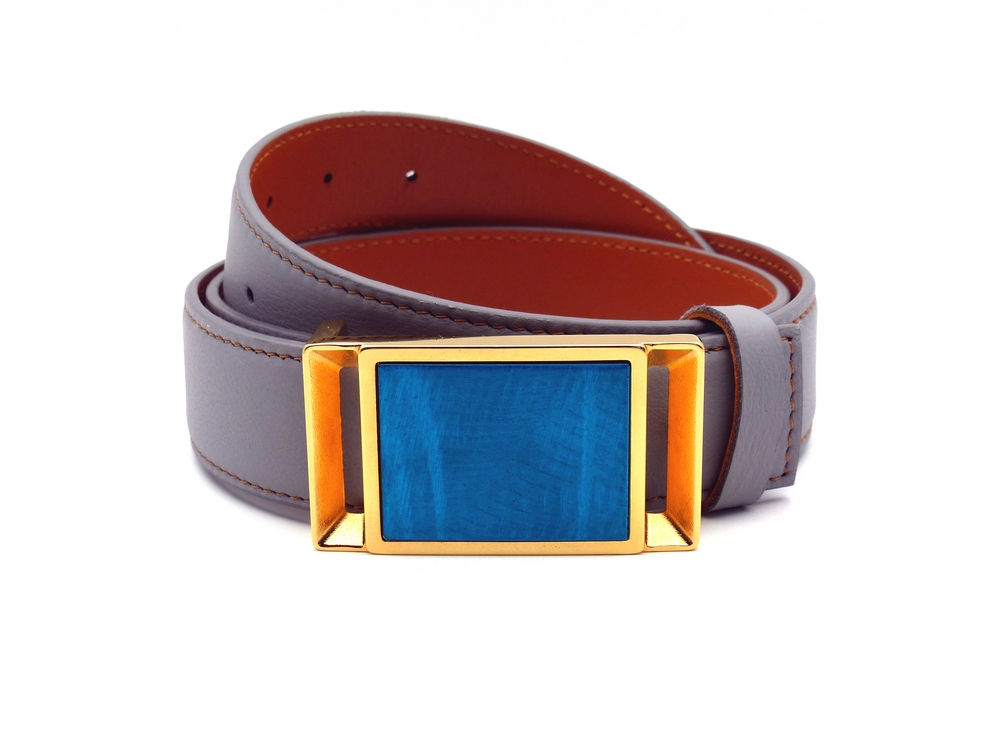 ceinture cuir Gris Souris boucle Plaqué Or parement Bleu Turquoise