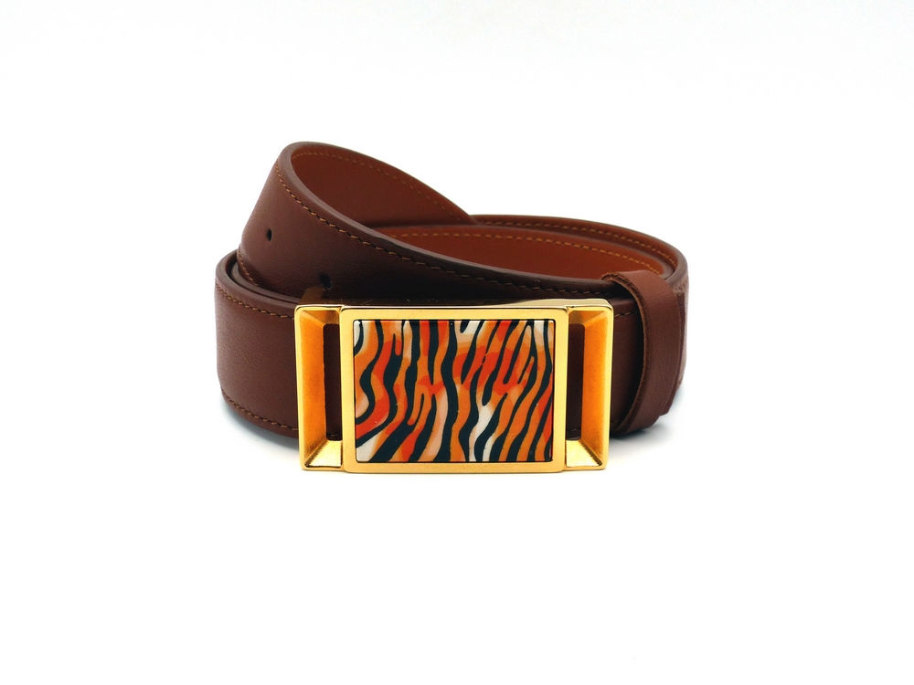 ceinture cuir Marron Cognac boucle Plaqué Or parement Tigre
