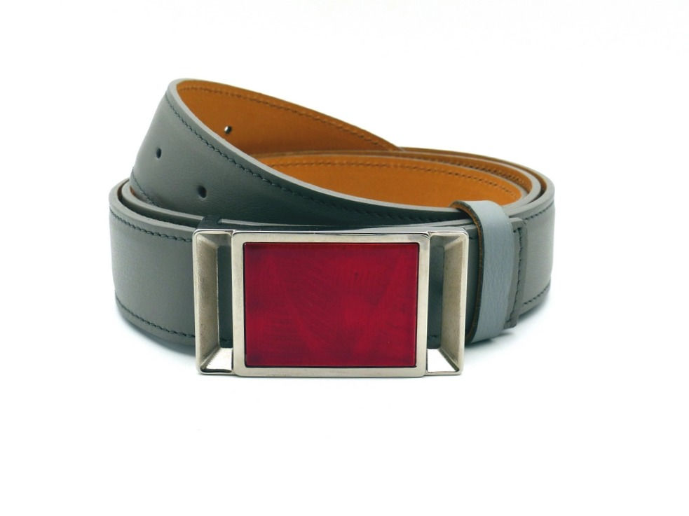 ceinture cuir Gris Eléphant boucle Plaqué Palladium parement Rouge Passion