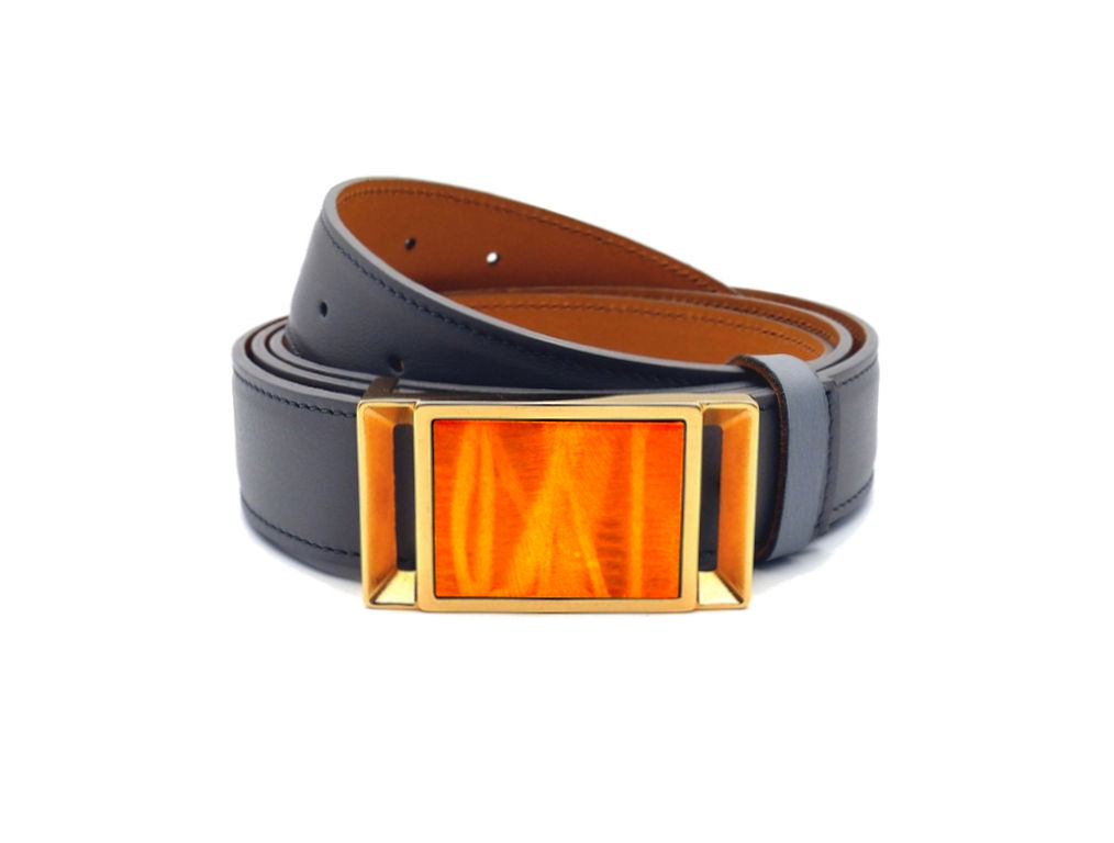 ceinture cuir Gris Eléphant boucle Plaqué Or parement Jaune Candy