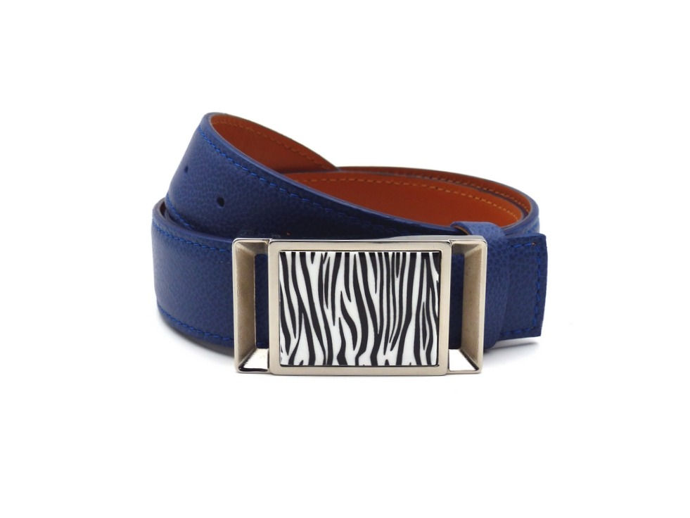 Royal Blue leather belt with Palladium Plated buckle and Zebra facing