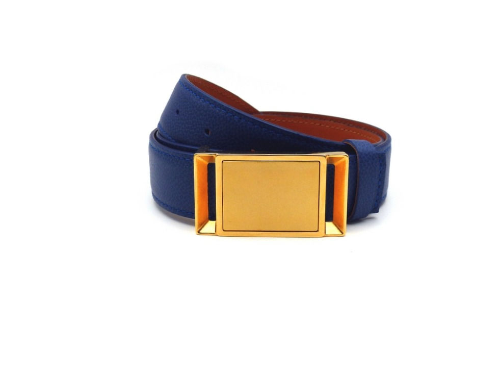 ceinture cuir Bleu Roy boucle Plaqué Or parement Lisse Plaqué Or