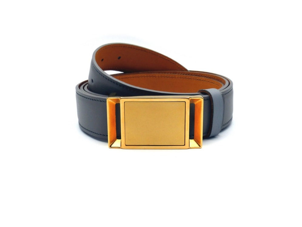 ceinture cuir Gris Eléphant boucle Plaqué Or parement Lisse Plaqué Or