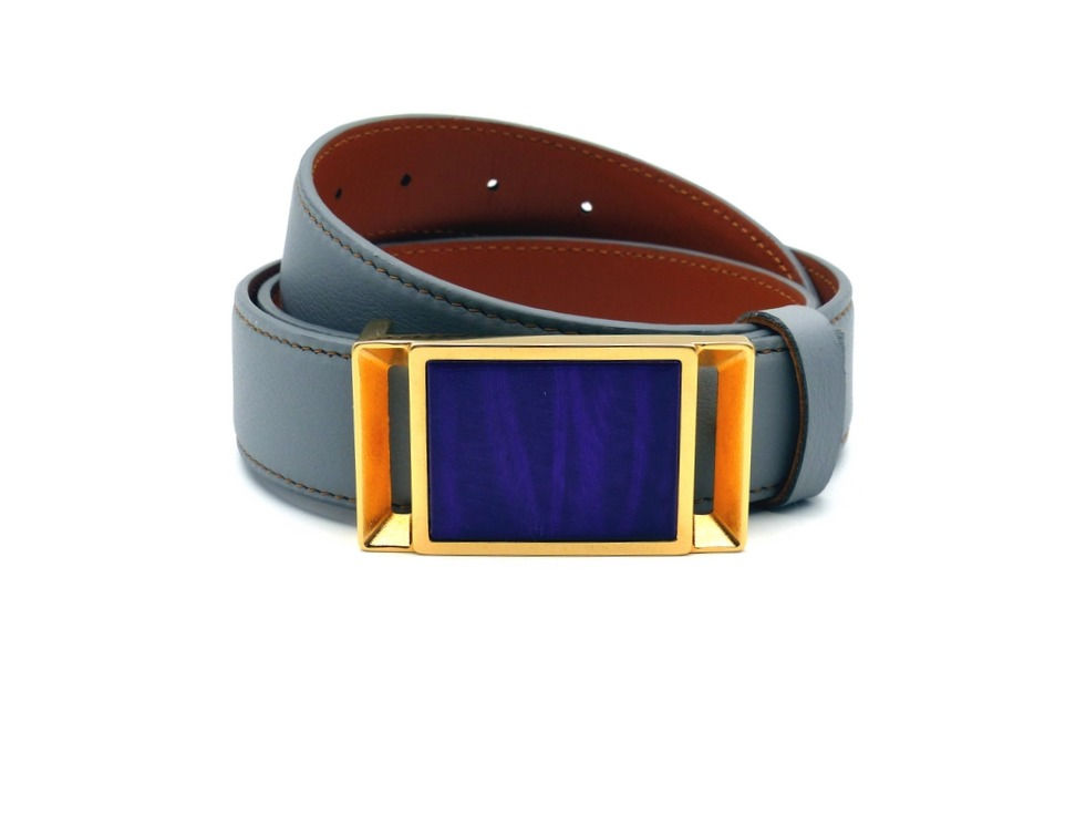 ceinture cuir Gris Souris boucle Plaqué Or parement Violet