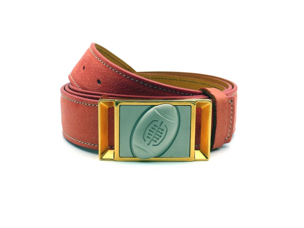 Faded Coral leather belt, Gold-plated buckle, Rugby facing Palladium-plated