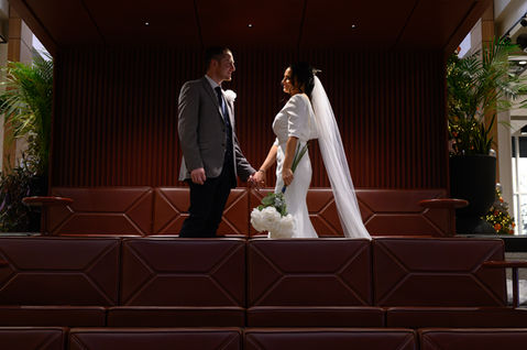 Lesley Ann’s wedding dress and veil on the staircase