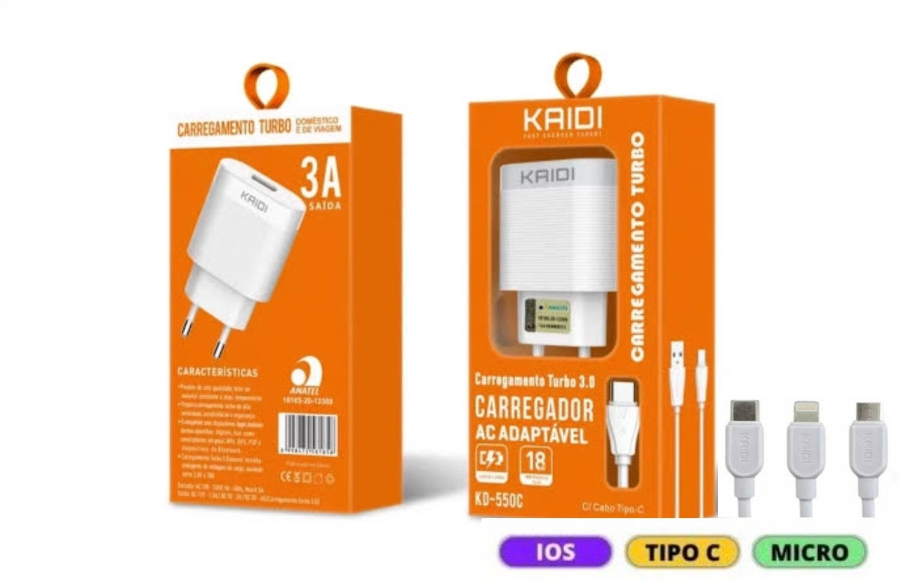  KD-550C/S/A CARREGADOR TURBO 18W 3.0A KAIDI TPC/V8/IOS