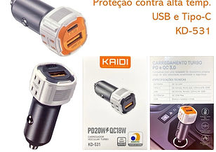 KD-531 CARREGADOR VEICULAR TURBO PD 20W KAIDI USB E TIPO C