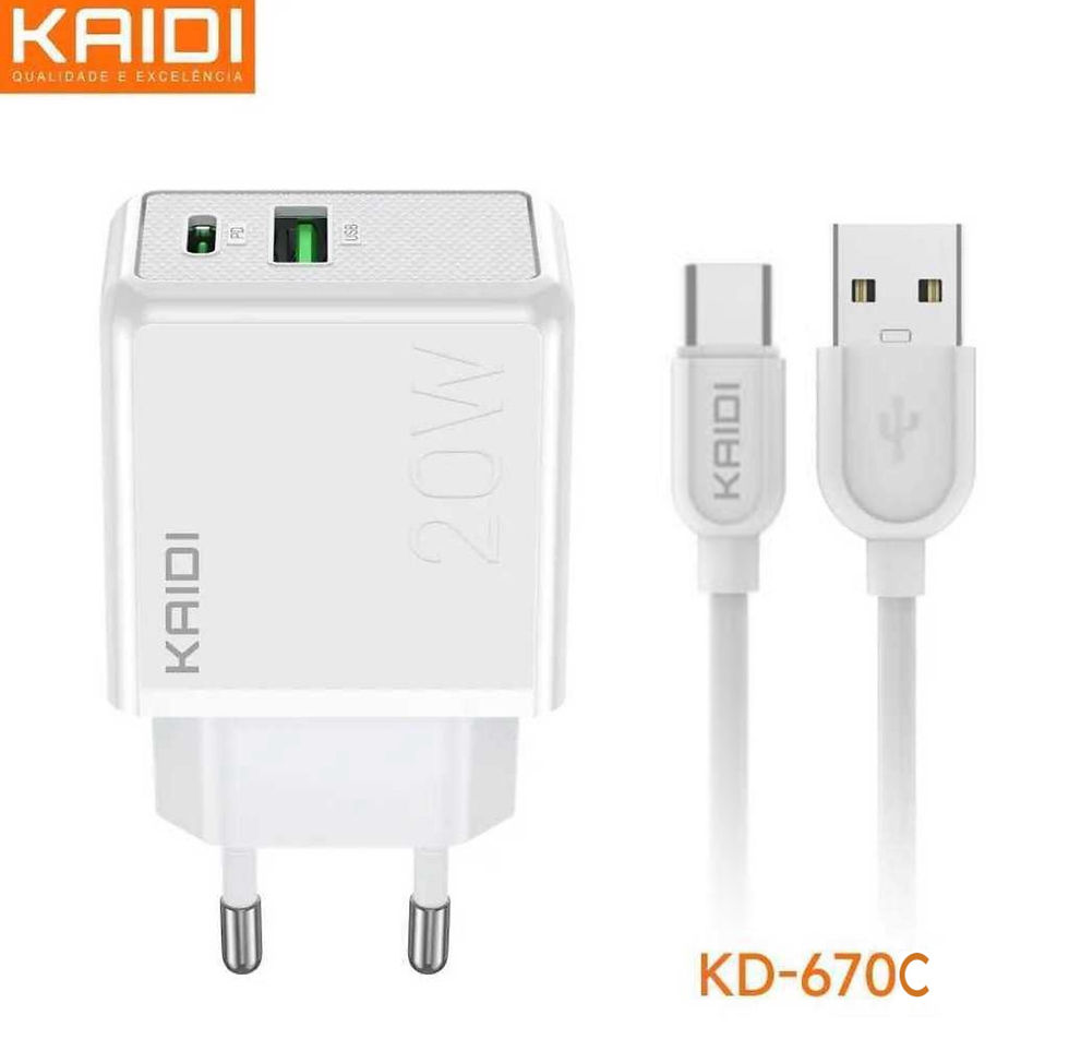 Miniatura: KD-670S/C/A CARREGADOR TURBO COMPLETO 20W PD+QC KAIDI