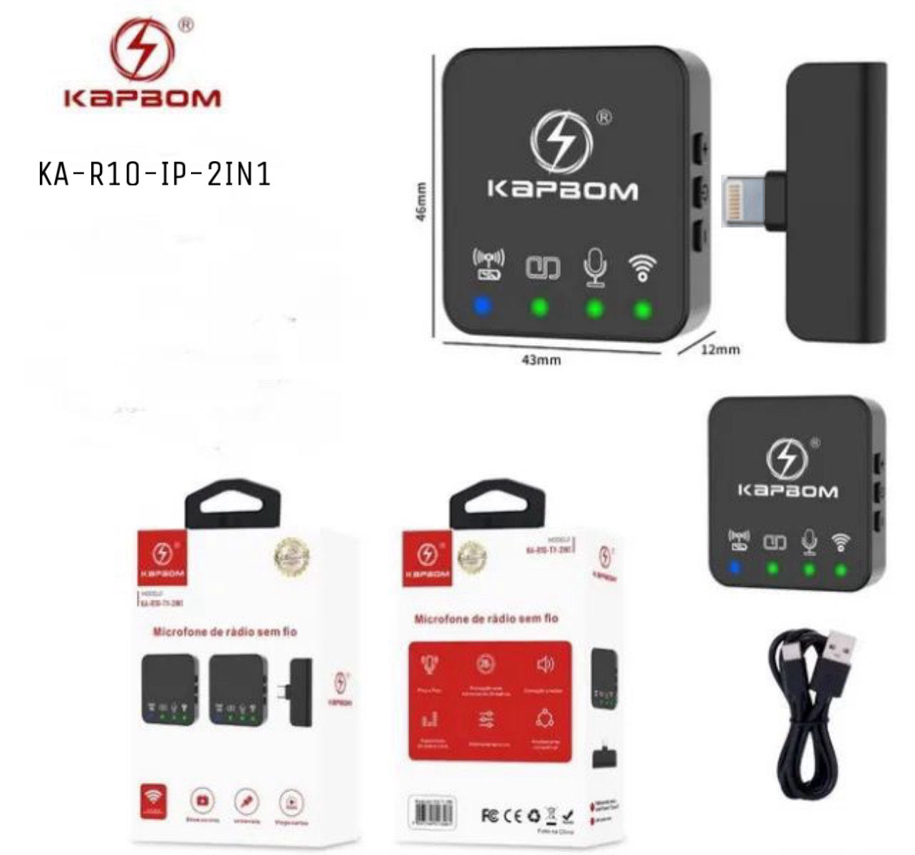 MICROFONE LAPELA DUPLO IPHONE PROFISSIONAL SEM FIO KA-R10-IP-2IN1