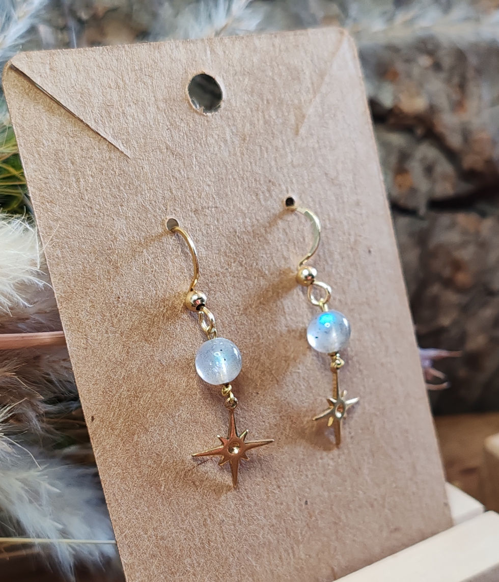 Miniature : Boucles d'oreilles doré avec perles de Labradorite et étoiles