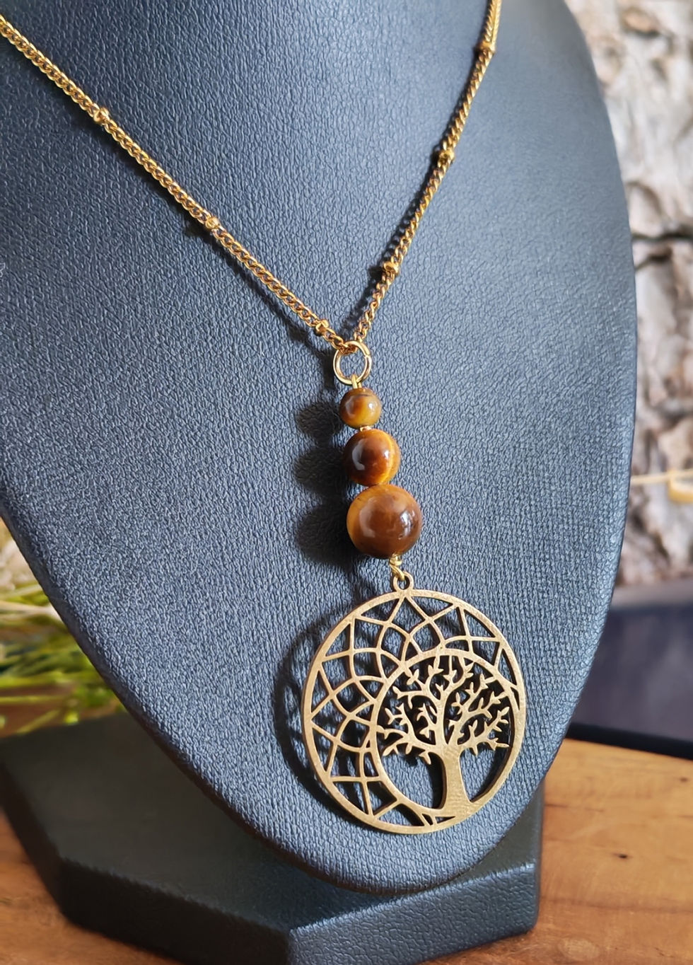 Miniature : Collier Aurébois en Œil de tigre et Arbre de vie