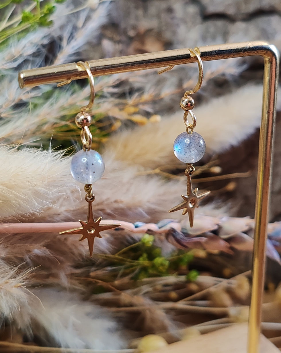 Miniature : Boucles d'oreilles doré avec perles de Labradorite et étoiles