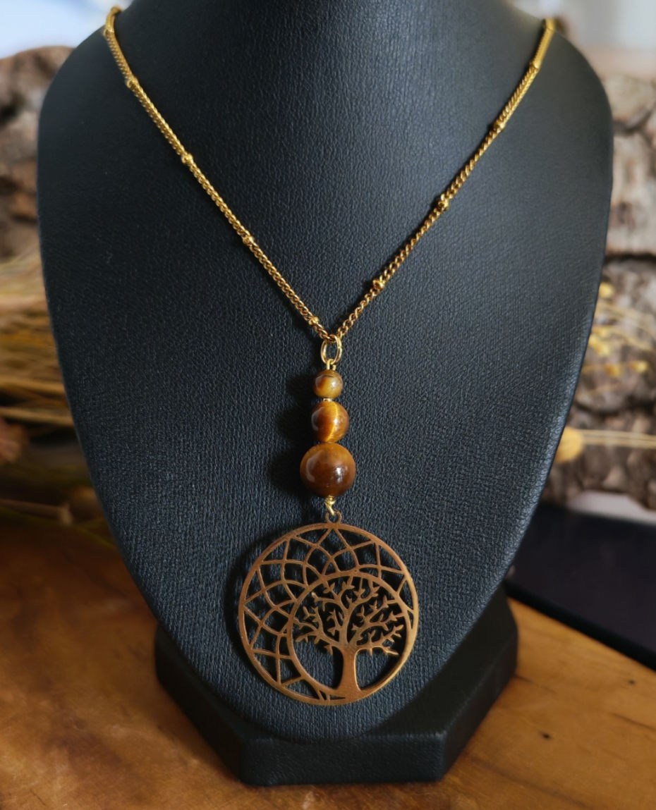 Miniature : Collier Aurébois en Œil de tigre et Arbre de vie