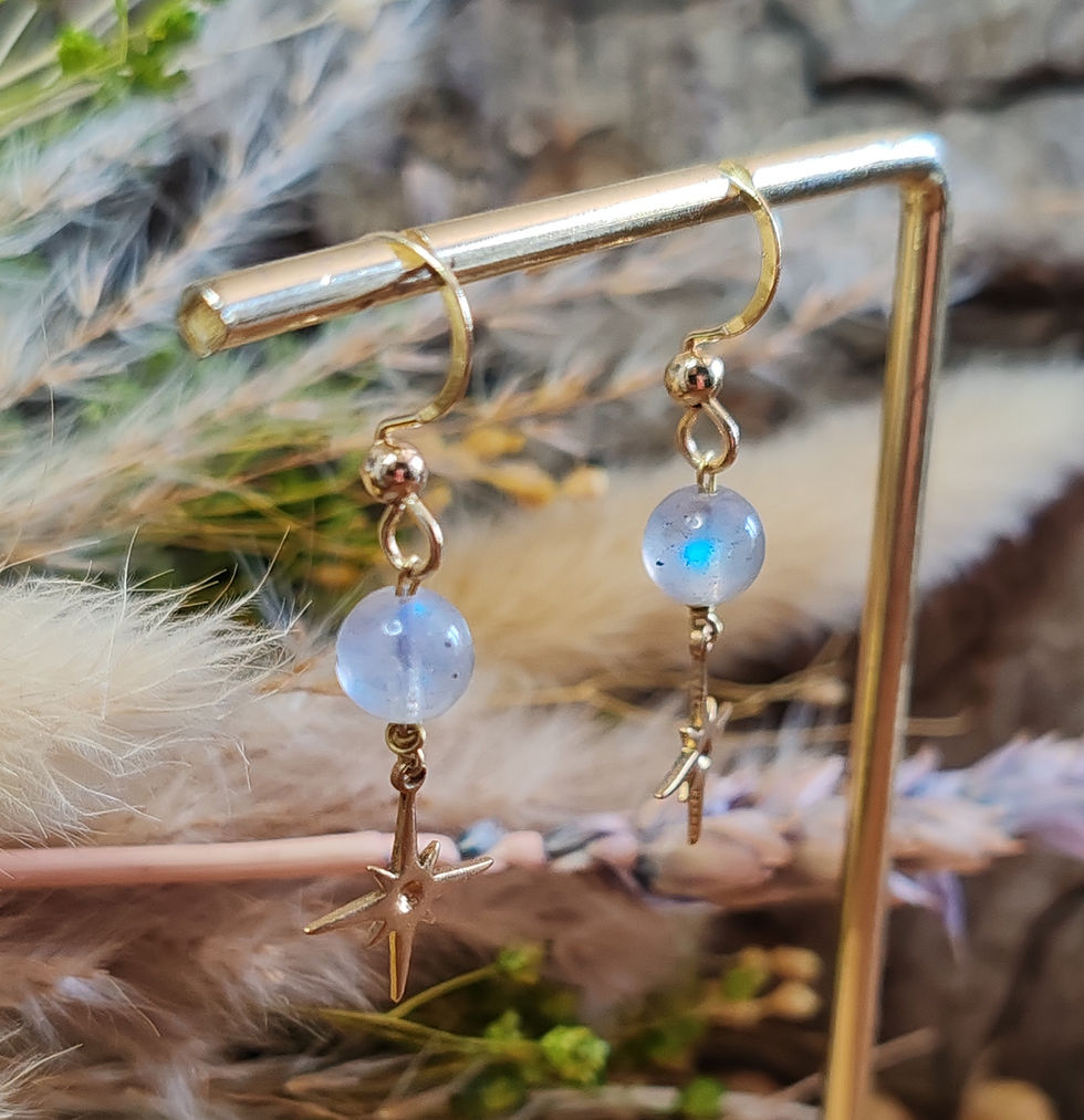 Miniature : Boucles d'oreilles doré avec perles de Labradorite et étoiles