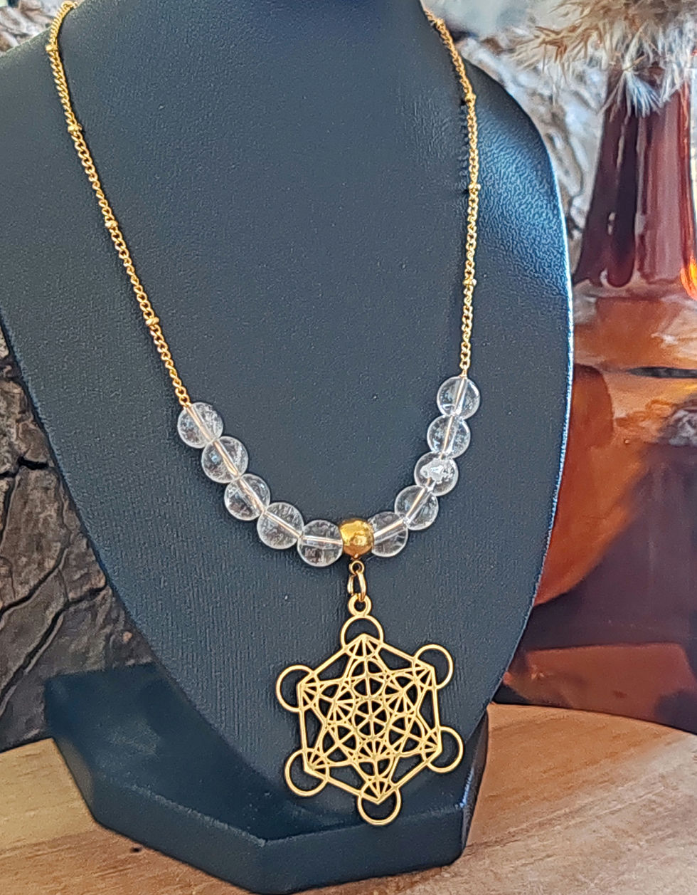Miniature : collier dorée en cristal de roche fait main avec le cube de métatron