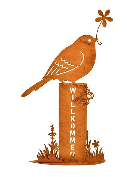 Aufsteller Vogel, Willkommen, rostig Finish, aus Metall Braun  (B/H/T) 11