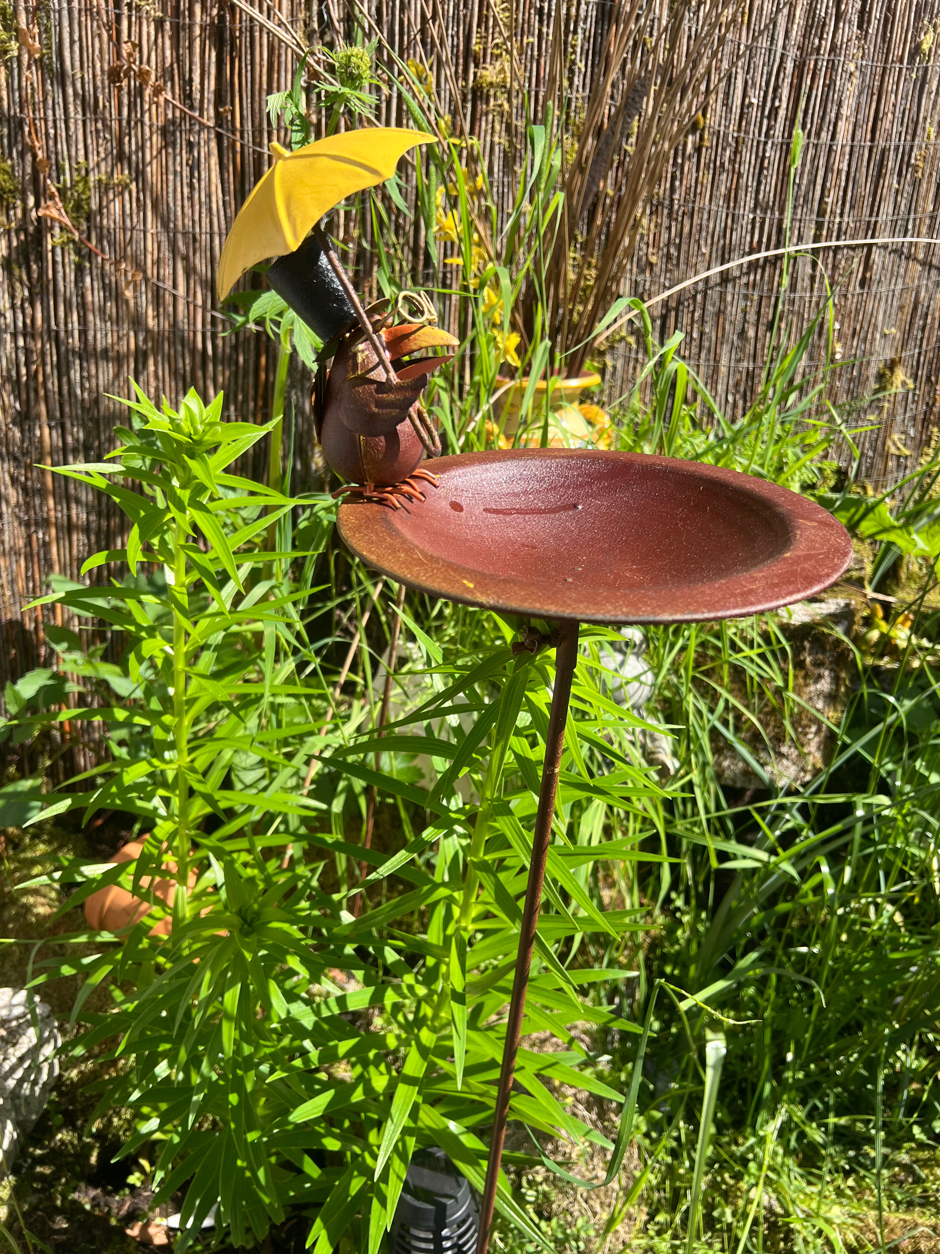 Vogeltränke Vogel am Stab, 23 x 22x H 111 cm , Eisen, Braun, Gartendeko 