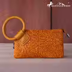 Thumbnail: Montana West Floral Tooled Ring Handle Wristlet Clutch Bag-Mustard