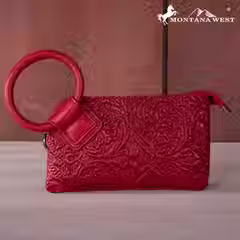 Thumbnail: Montana West Floral Tooled Ring Handle Wristlet Clutch Bag-Mustard