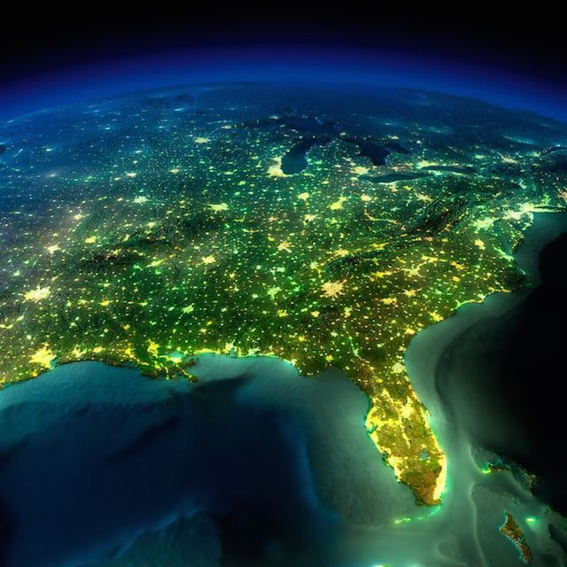 An aerial photo of the US taken from space showing how bright electricity has made us