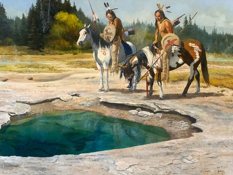 Native American men on horseback by a geothermal pool