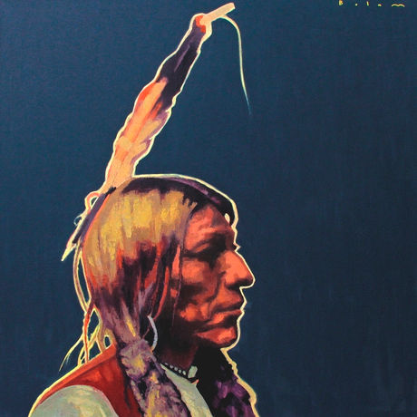 Man in profile with a feather in his hair