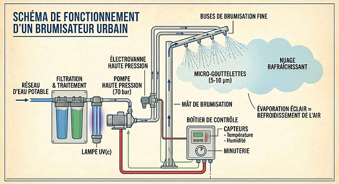 Schéma fonctionnement brumisation urbaine