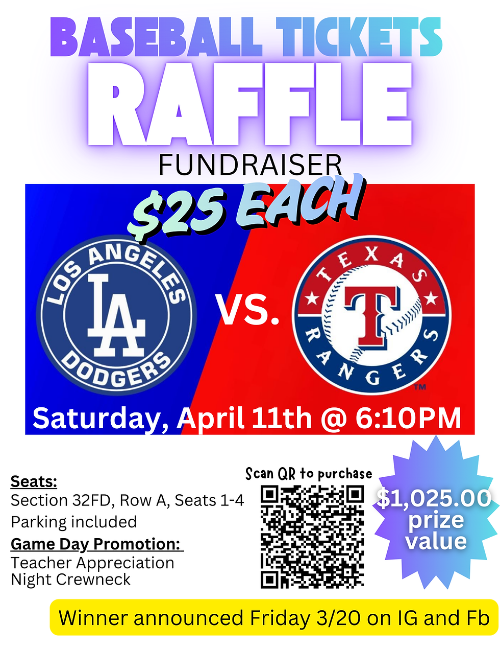 Baseball Ticket Raffle Fundraiser - Los Angeles Dodgers vs. Texas Rangers Game