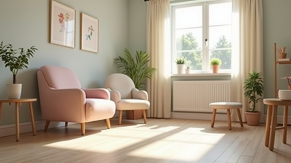 Eye-level view of a calm therapy room with child-friendly furniture
