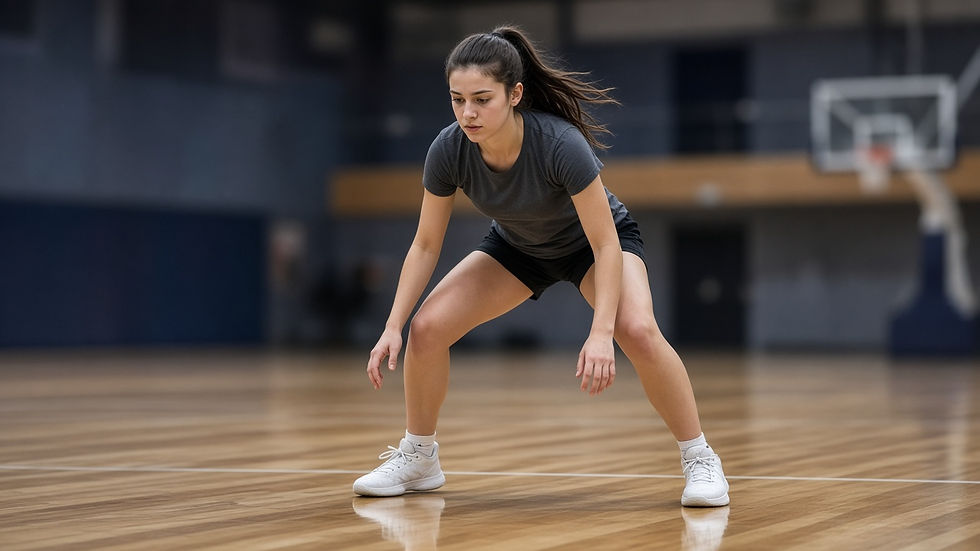 Young woman basketball player in an athletic ready stance on an indoor court