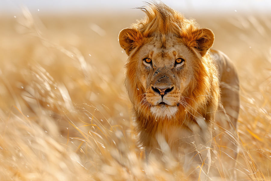 Majestic lion with a windswept mane, standing in a golden grassland under soft sunlight, creating a powerful and serene atmosphere.