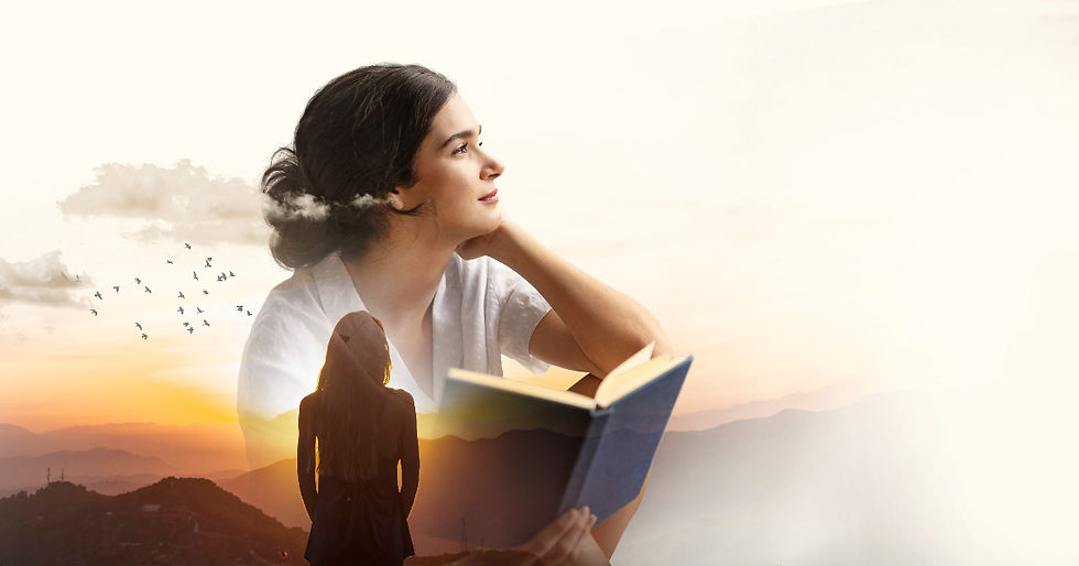 Woman holding a book, gazes thoughtfully at sunrise with a silhouetted figure and birds in the distance. Warm colors and serene mood.