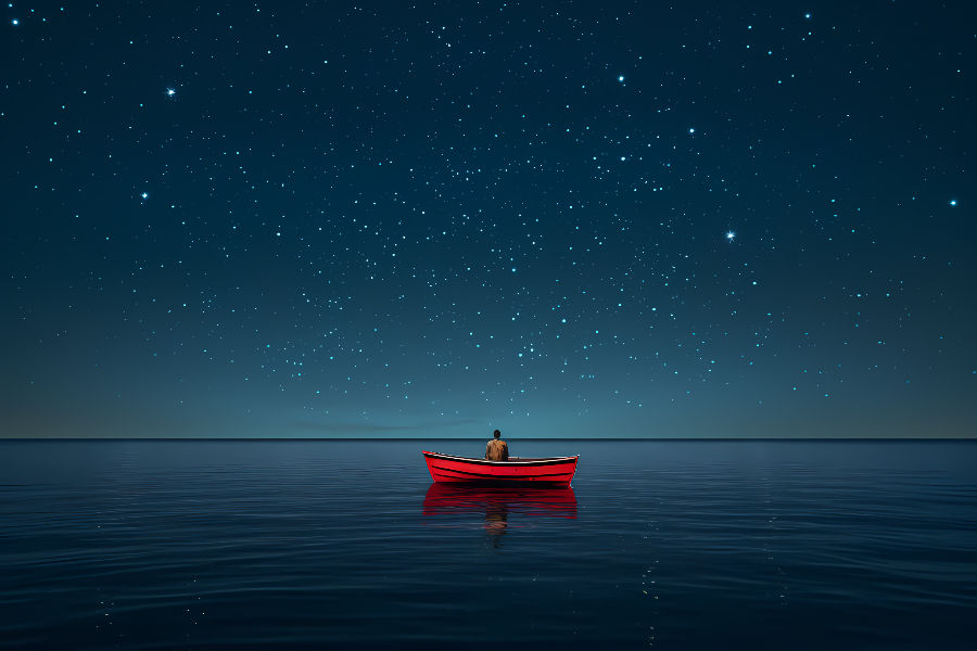 A person sits alone in a red boat on calm water under a vast, starry night sky, exuding a sense of tranquility and solitude.