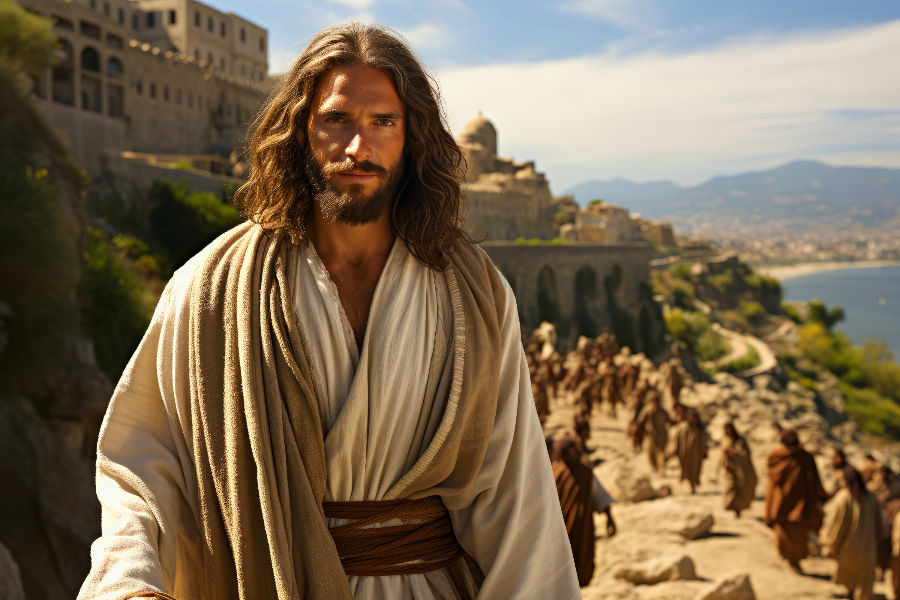 A Jesus in robes stands in the foreground, looking serious. A crowd follows him along a coastal path, with an ancient city in the background.