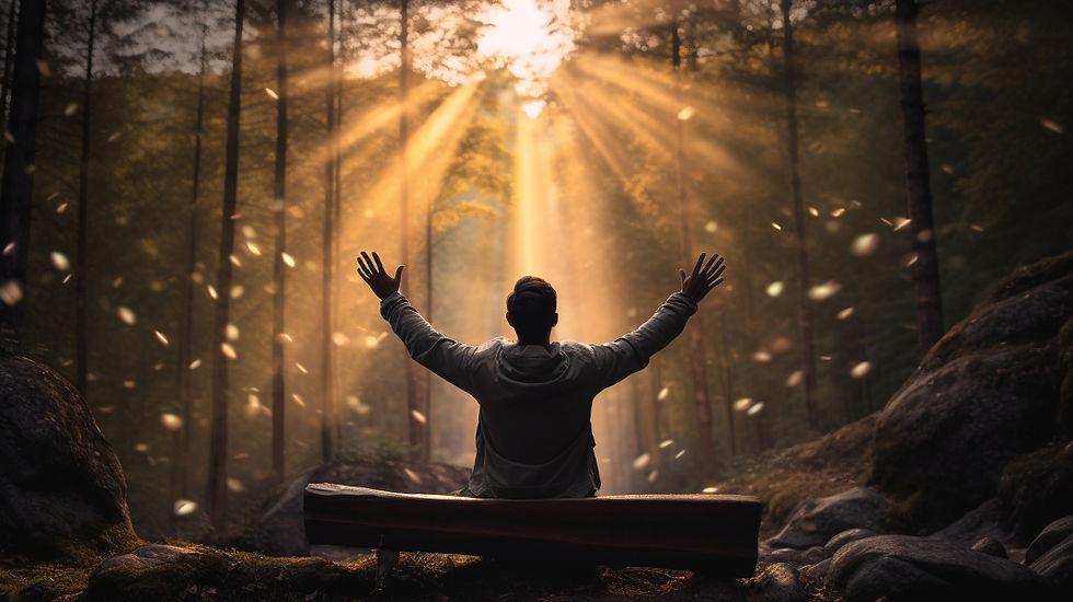 Person sits on a bench in a sunlit forest at sunrise, arms raised toward golden beams, with drifting leaves.