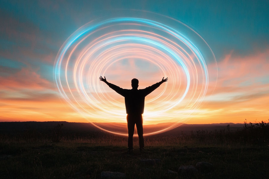 Silhouette of person with arms raised against sunset, surrounded by blue and orange light trails, creating a dynamic, energetic mood.