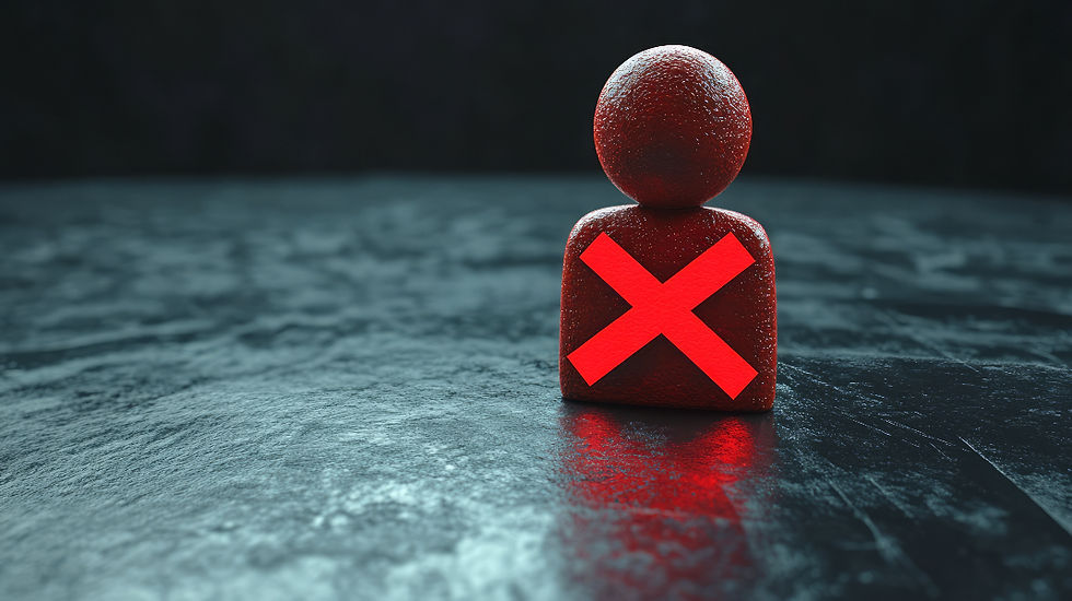 Red figurine with a bright X on its chest stands on a dark reflective floor against a moody black background.