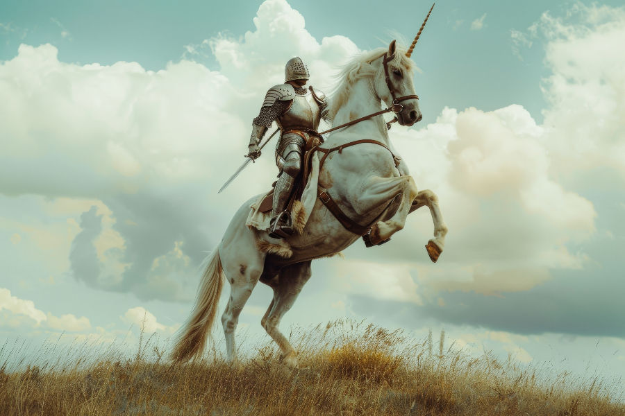 Knight in silver armor rides a rearing unicorn on a grassy hill under a cloudy sky, conveying a sense of adventure and fantasy.