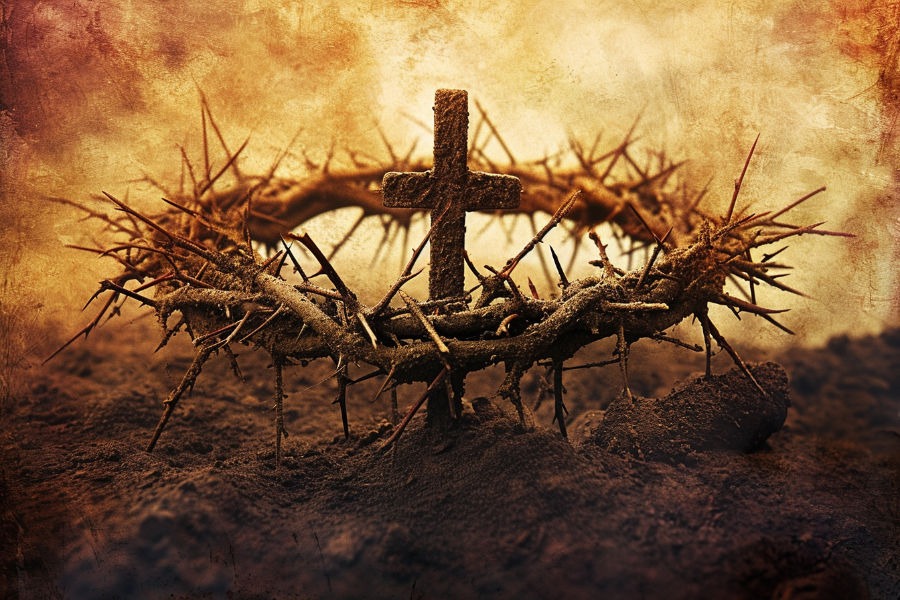 Crown of thorns rests on soil, with a cross in the center. Background is a textured, golden-brown, evoking a solemn and reflective mood.