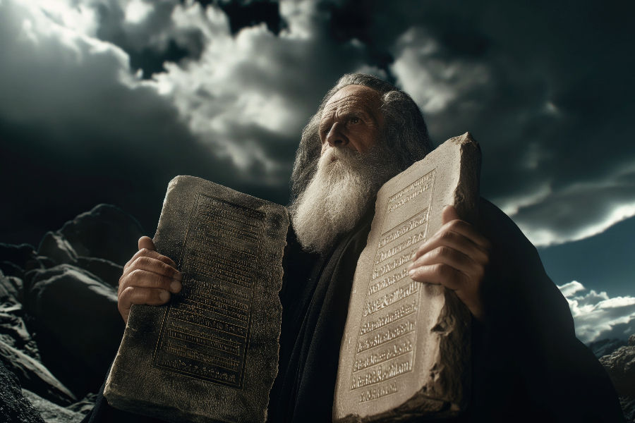 Man with white beard holding two stone tablets in a rocky landscape. Dark clouds in the sky add drama. Tablets have carved text.